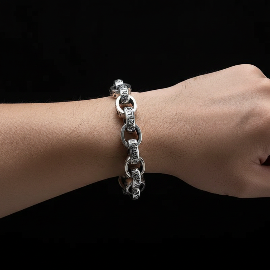 Bare arm wearing bracelet editorial black background